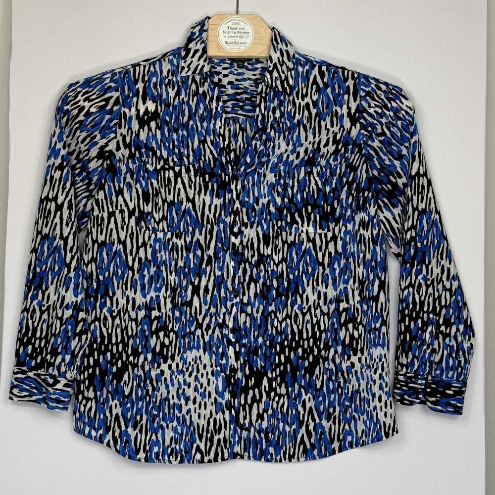 Talbots Nantucket XLP Blue Black White Abstract Print Button Front Blouse